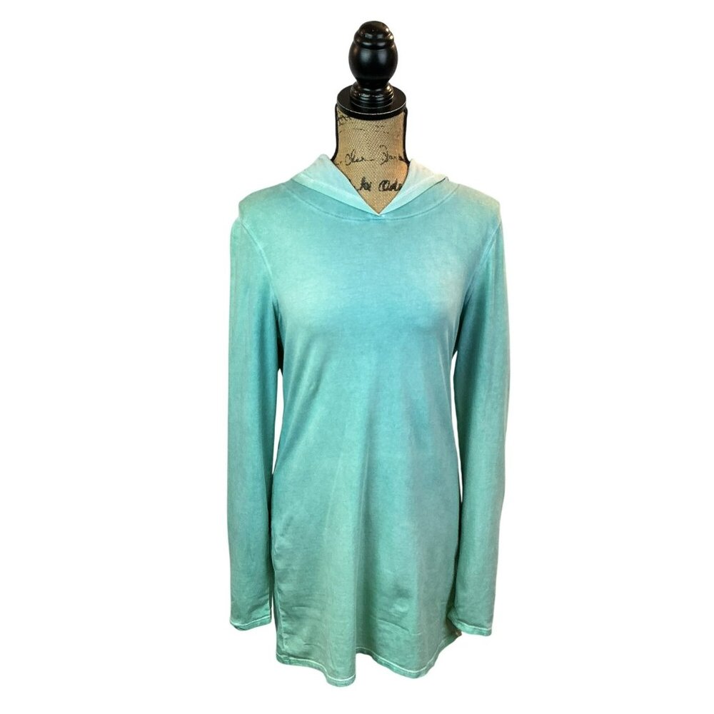 Peruvian Connection Long-Sleeve Lightweight Hooded Tunic Top Aqua Womens Medium